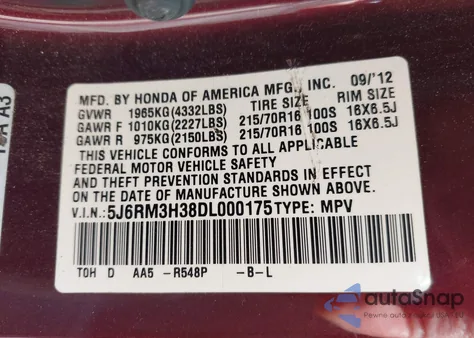 2013 Honda Cr-V Lx from USA, damaged, VIN 5J6RM3H38DL000175